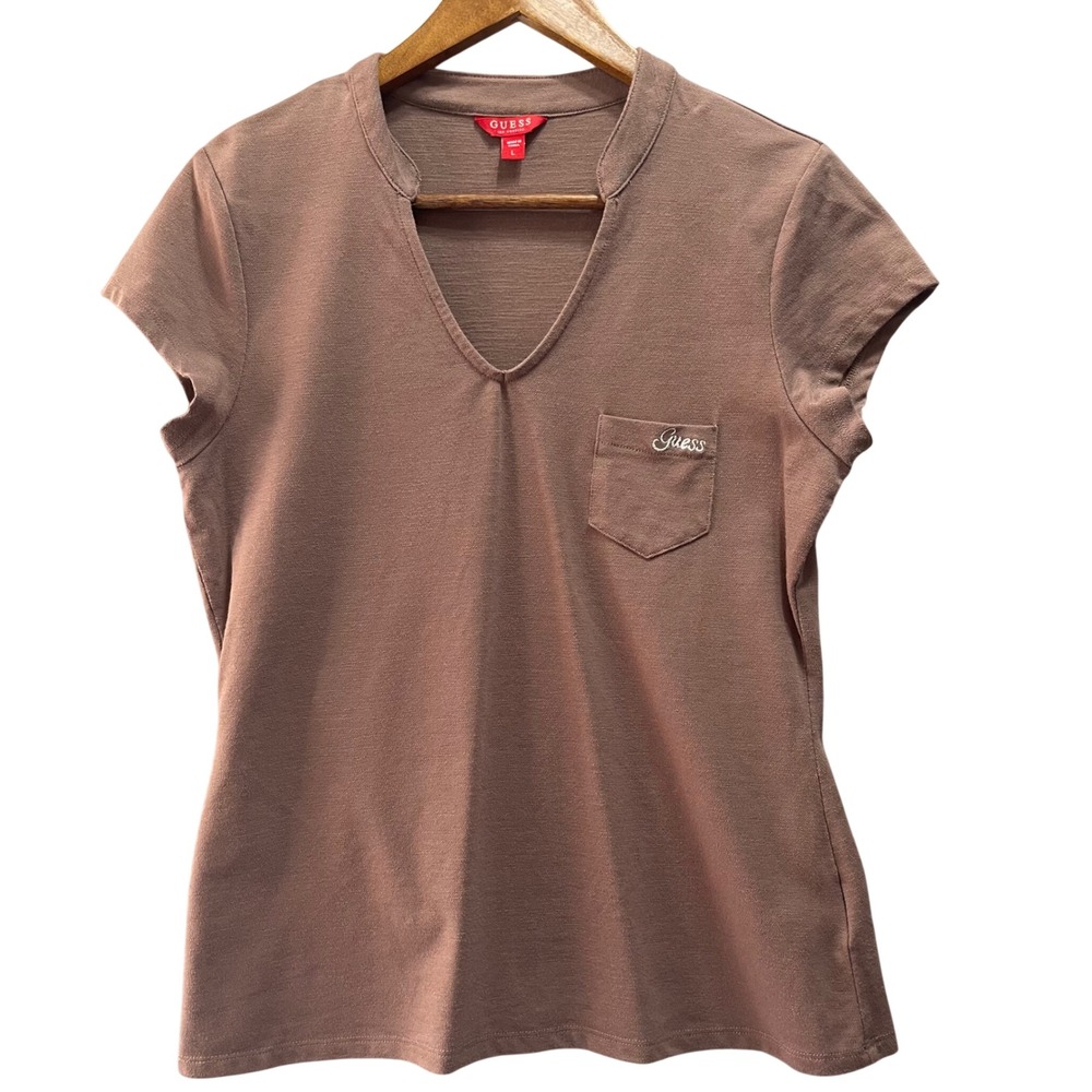 Guess Knit Top Women Large Brown Short Sleeve Split Neck Earthy Y2K Preppy‎